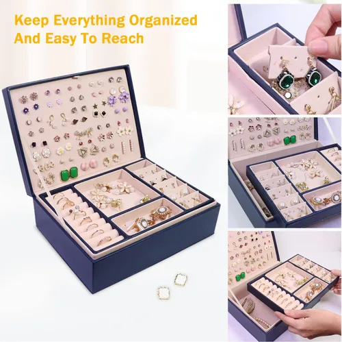 Vista 5 de Caja organizadora de joyas cajas de joyería grandes de piel sintética collares anillos aretes organizador de almacenamiento pantalla de doble capa