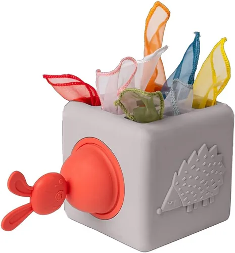 Vista 4 de Taf Toys Caja de pañuelos para bebé con conejito emergente - Actividad sensorial Montessori con 10 pañuelos de tela para el desarrollo motor fino