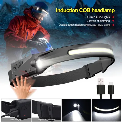 Vista 5 de Linterna frontal LED recargable, 230 luces anchas, 5 modos de luz dinámica, sensor de movimiento, impermeable, diadema ajustable, 1200 lúmenes