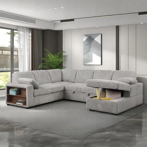 Vista 3 de Sofá cama modular convertible en forma de U de gran tamaño con sofá cama extraíble, sofá esquinero tapizado de pana de 6 plazas, sofá cama con diván