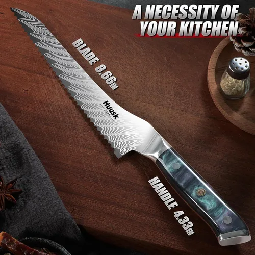 Vista 5 de Cuchillo de pan dentado Huusk de 8", cuchillo de pan de masa madre inoxidable con mango y funda de resina para cortar pan casero, cuchillos de pan