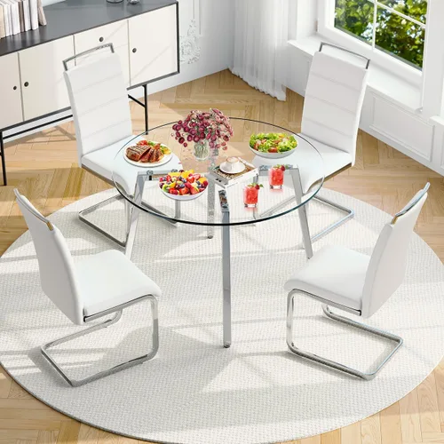 Vista 21 de Juego de mesa de comedor de cristal para 4, mesa rectangular con 4 sillas de cocina de cuero blanco, juego de comedor de cocina de 51 pulgadas, mesa