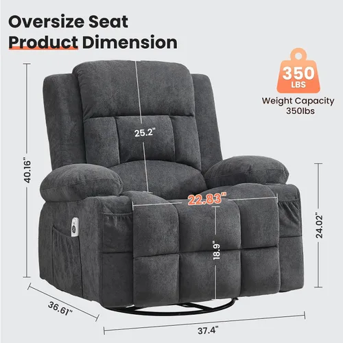 Vista 2 de Silla reclinable giratoria de masaje, reclinable ergonómico con masaje por vibración y calor, mecedora para sala de estar, sala de estar, sala