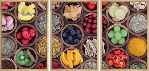 Vista 120 de wall26 Lienzo enmarcado para pared, juego de arte de hierbas, verduras y condimentos en madera, alimentos, fotografía cultural, realismo, paisaje