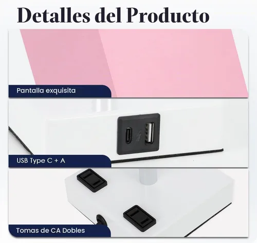Vista 5 de Lámpara de mesita de noche con puertos USB - Lámpara de mesa con control táctil para dormitorio con puertos de carga USB C+A y tomas de corriente