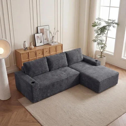 Vista 25 de Sofás seccionales sin hueso en forma de L de 104 pulgadas para sala de estar, cómodo sofá de pana con diván y portavasos, reposabrazos ancho
