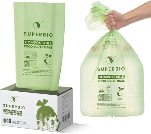 Vista 17 de SUPERBIO Bolsas compostables para restos de comida con asa de 1.6 galones, bolsas pequeñas de compost con asas, 50 unidades, 2 paquetes, BPI y OK