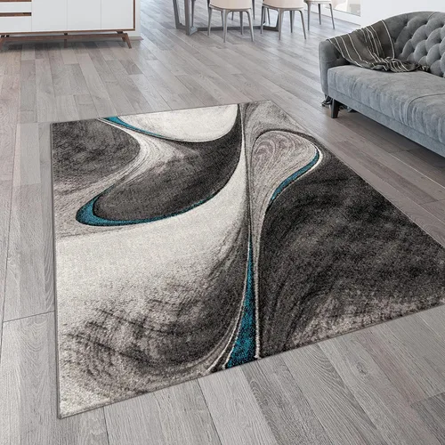 Vista 5 de Paco Home Alfombra moderna para sala de estar, patrón abstracto de ondas en gris y azul, tamaño: 2'8" x 4'11