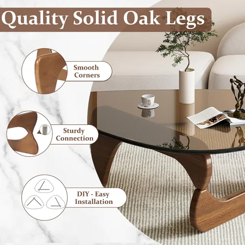 Vista 5 de Mesa auxiliar triangular con base de madera, tapa de vidrio transparente, mesa auxiliar abstracta para sala de estar, oficina