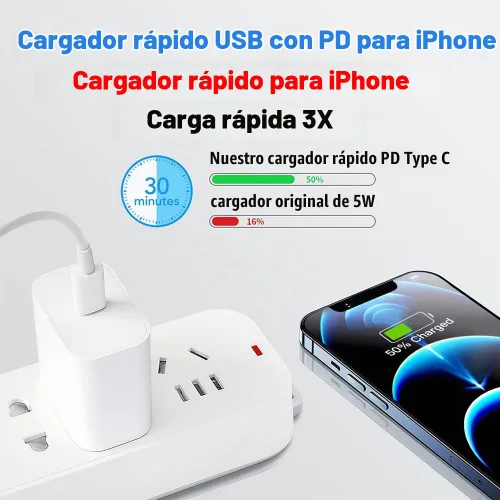 Vista 2 de 【Certificado Apple MFi】Cargador de iPhone de carga rápida, paquete de 3 adaptadores de cargador de Apple, cargador súper rápido, cable USB C a