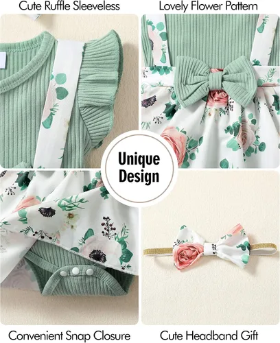 Vista 4 de Conjunto de ropa para bebé recién nacida, traje de verano, mameluco con diadema, falda general