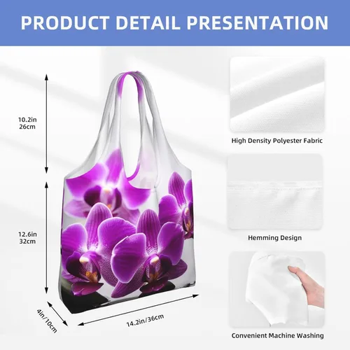 Vista 5 de Bolsas de lona con estampado de orquídeas y mariposas moradas, bolsa de playa grande, bolsa de lona para el hombro, bolsas de compras reutilizables