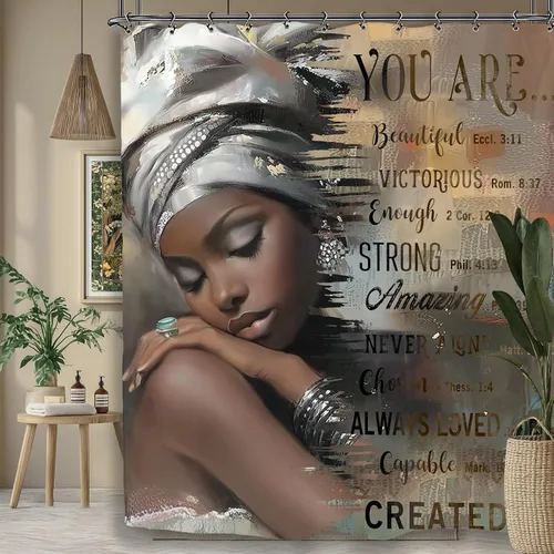 Vista 7 de Cortina de ducha inspiradora afroamericana de 60 pulgadas de ancho por 71 pulgadas de alto, con citas motivacionales positivas de la Biblia, tela