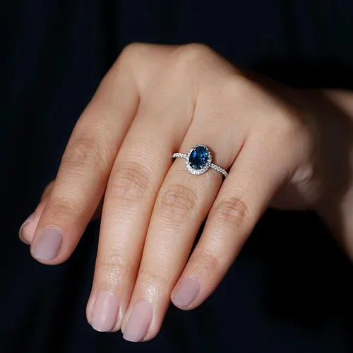 Vista 2 de Anillo de compromiso de topacio azul natural de Londres de 0.236 x 0.315 in, calidad AAA, anillo solitario de diamante de topacio azul, listo