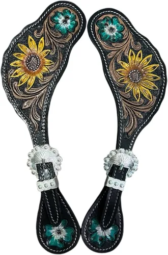 Vista 4 de Majestic Ally Western Spur Straps, Genuine Leather, Antique Hand Tooling, Adjustable Stainless Steel Buckle