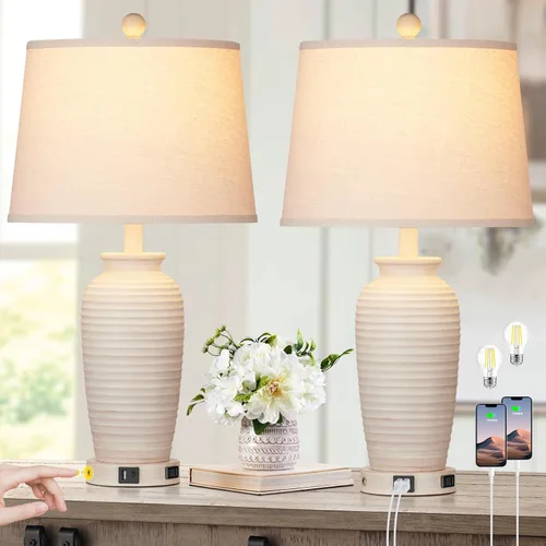Vista 16 de CINSARY Juego de 2 lámparas de mesa de jarra estilo granja de 25", lámparas de mesita de noche rústicas con control táctil de 3 vías con puertos USB