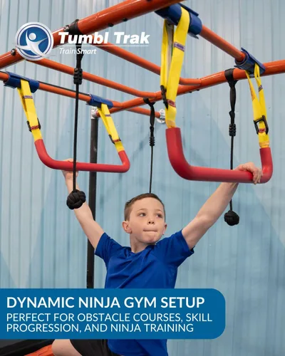 Vista 6 de Tumbl Trak Barra de trapecio ajustable, barra de columpio para interiores para niños, barra de columpio, accesorios de trapecio ninja, juego