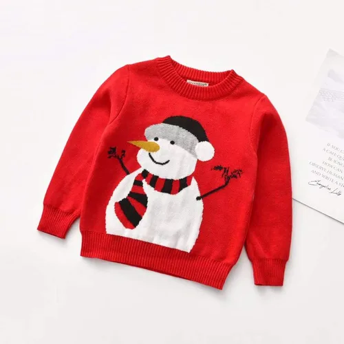 Vista 2 de Suéter de punto con cuello redondo para niños y niñas pequeñas, sudadera de algodón, ropa cálida para otoño e invierno, Rojo