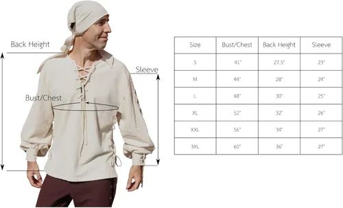 Vista 3 de Svenine Camisa medieval de algodón con manga con botones y disfraz de pirata renacentista