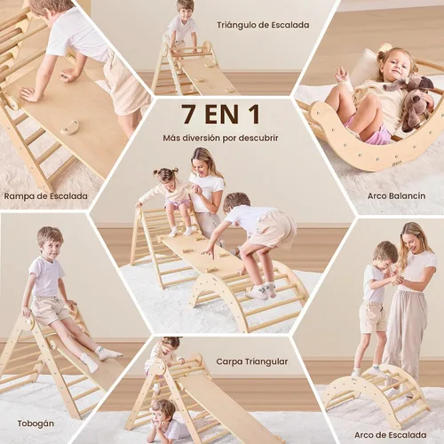 Vista 3 de Belleur Juguetes de Escalada 7 en 1 para Niños Pequeños de 1-3 Años, Set de Triángulo Pikler de Madera Plegable para Interiores, Set de Escalada