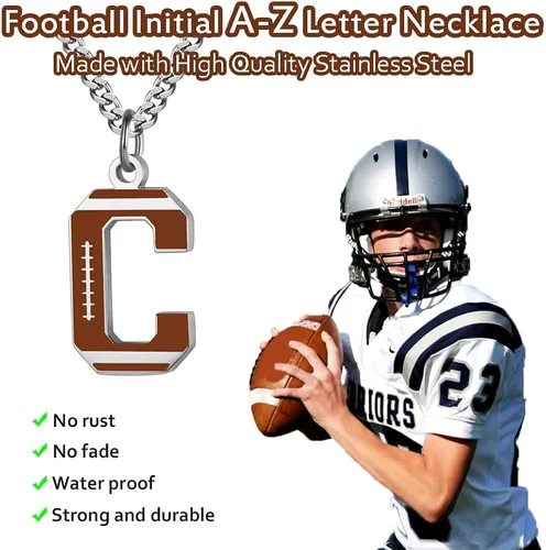 Vista 2 de AIAINAGI Collar con letra inicial de fútbol A-Z para niños, dije de fútbol americano, cadena de plata de acero inoxidable, regalo de fútbol