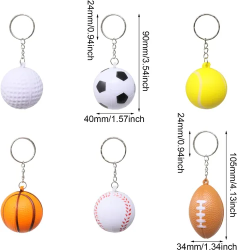 Vista 2 de Honbay 6 llaveros de bola deportiva de espuma, ligeros, fútbol, béisbol, baloncesto, pelota de tenis, pelotas de golf, adornos colgantes