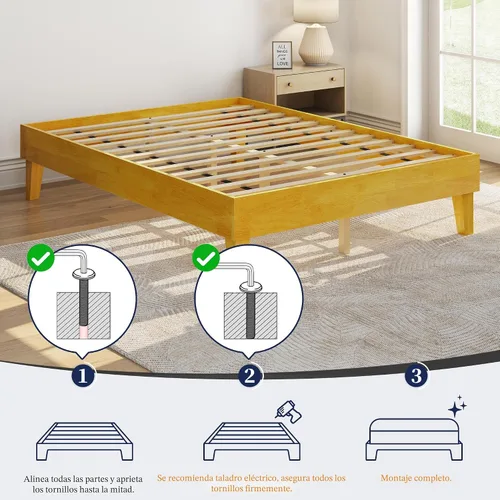 Vista 4 de Yaheetech Base de cama matrimonial con plataforma de madera maciza natural con soporte de listones de madera, espacio debajo de la cama de 12 Madera