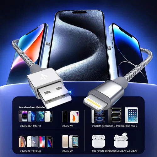 Vista 5 de Cargador para iPhone paquete de 3, 10 pies, cable Lightning largo certificado MFi de Apple, carga rápida, sincronización de datos de alta velocidad