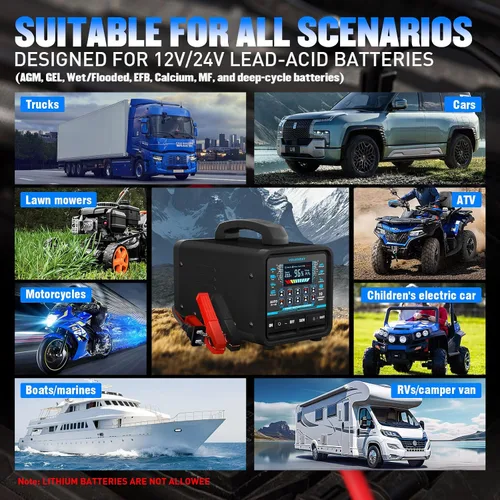 Vista 3 de Cargador de batería de coche de 12V 24V 0-20A resistente, cargador inteligente de goteo y mantenimiento con apagado automático, modo de reparación e