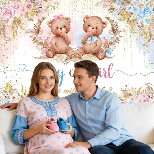 Vista 6 de AIBIIN Pancarta de revelación de género de oso bohemio, telón de fondo para niño o niña, para baby shower, suministros de decoración de fiesta