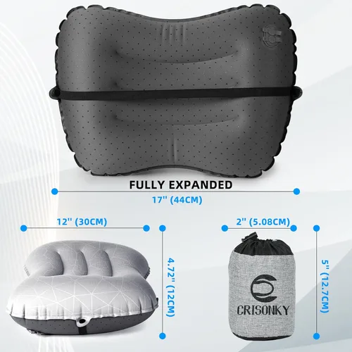 Vista 25 de Crisonky Almohada de camping – Almohada inflable – Almohadas de viaje para mochilero y avión, soporte lumbar 2.0 almohadas inflables, ultraligeras