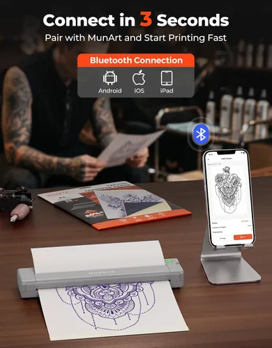 Vista 3 de MUNBYN ITP05S - Impresora de plantillas de tatuaje, impresora térmica inalámbrica Bluetooth con 20 hojas de papel de transferencia, compatible
