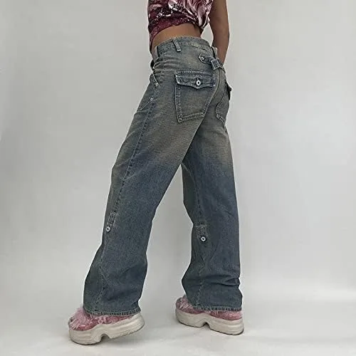 Vista 5 de KMBANGI Y2K Streetwear - Pantalones de mezclilla de cintura alta para mujer con pierna ancha rectos casuales holgados Y2K diseño urbano