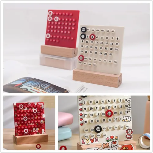 Vista 7 de Calendario de escritorio de madera, calendario de planificador perpetuo, regalos únicos, visualización de fecha de mes, decoraciones de escritorio
