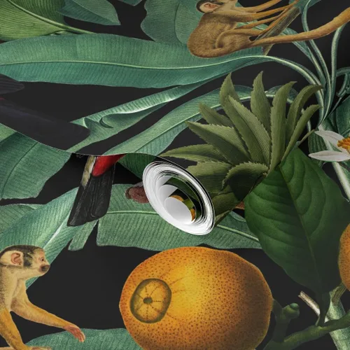 Vista 2 de Muestro de papel tapiz extraíble – Naturaleza Botánico Tropical Tucanes Monos Loros Papel pintado personalizado pre-pegado por Spoonflower