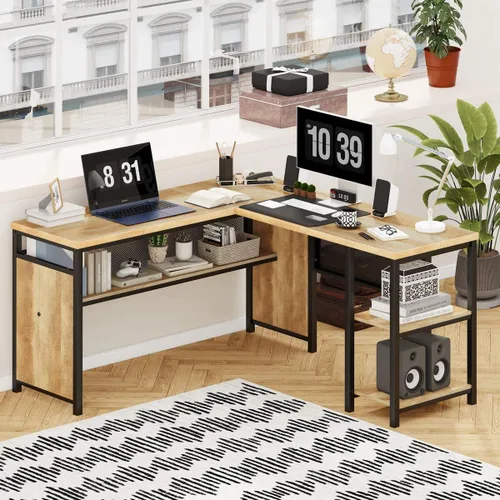 Vista 7 de FATORRI Escritorio para computadora en forma de L con estantes de madera, escritorio de esquina industrial rústico para oficina en casa con patas