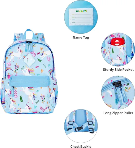 Vista 6 de KK CRAFTS Mochila preescolar para jardín de infantes y niños pequeños, mochilas escolares para niños y niñas con correa para el pecho, Azul