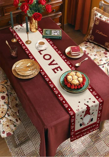 Vista 5 de Camino de mesa para decoración del día de San Valentín, diseño de gnomo, corazón, rojo, a cuadros, búfalo, algodón, lino, decoración de mesa