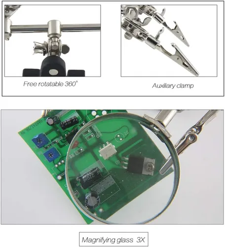 Vista 5 de Soporte de lupa de manos de ayuda con clips de cocodrilo dobles ajustables – Lupa FEITA 5X perfecta para soldar, manualidades, pasatiempos, micro