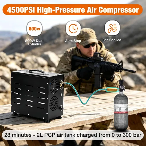 Vista 4 de TUXING Compresor de aire PCP de 4500 PSI Compresor de tanque de buceo de doble cilindro de 800 W Sistema de enfriamiento de ventilador integrado