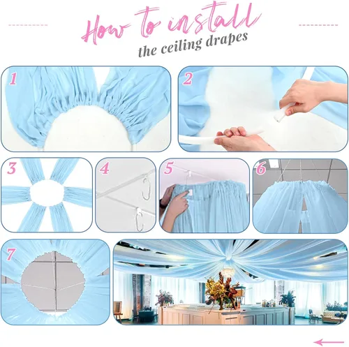Vista 7 de 6 Paneles de Cortinas de Techo Azul Bebé para Boda, Cortinas de Techo de 5 pies x 30 pies, Tela de Cortina para Arco de Boda, Cortinas Transparentes