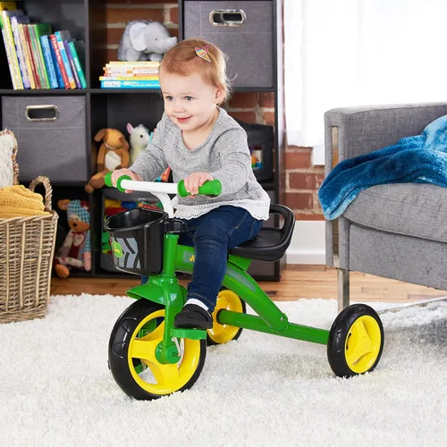 Vista 4 de John Deere Triciclo de juguetes resistentes con cesta para niños de 2 años en adelante, verde