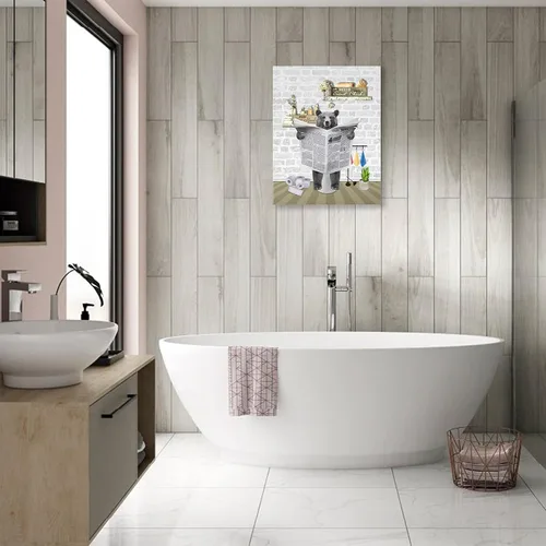 Vista 5 de Fuzawet Arte de pared de oso para decoración de baño, lienzo de lectura de periódico, negro en el inodoro, imágenes divertidas de animales