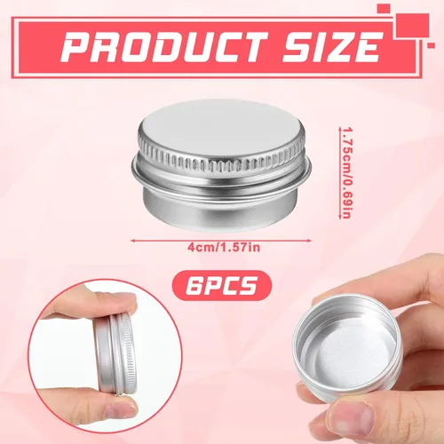 Vista 2 de Paquete de 6 tarros de aluminio de 0.5 onzas, mini latas para ungüentos, mini lata recargable a prueba de fugas, tapa de rosca, recipientes