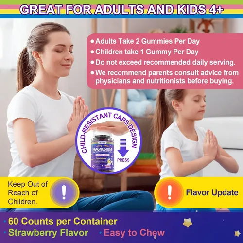 Vista 8 de Gomitas de glicinato de magnesio para adultos y niños mayores de 4 años, suplemento de bisglicinato de magnesio sin azúcar 400/200 mg con B6D3
