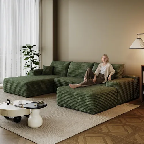 Vista 10 de Sofá modular en forma de L de 96 pulgadas con diván, moderno y cómodo sofá de pana para sala de estar, sofá de espuma viscoelástica, no requiere
