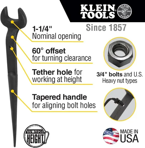 Vista 2 de KLEIN TOOLS 3212TT Llave de boca abierta de construcción con orificio para amarrar, fabricada en EE. UU., apertura nominal de 1-1/4 pulgadas, perno