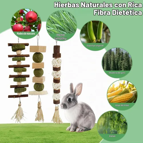 Vista 3 de WDEFUN 3 juguetes masticables de conejo, juguete de conejo colgante natural para masticar, golosinas para conejillos de indias, hámsters, jerbos