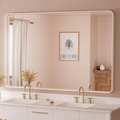 Vista 28 de Espejo de marco dorado cepillado de 16 x 24 pulgadas, espejo de tocador de baño de latón dorado para pared, espejo enmarcado rectangular de esquina