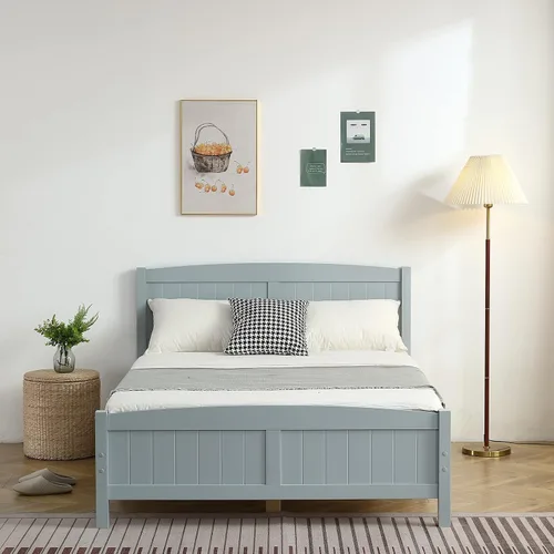 Vista 3 de Karl home Base de cama de madera tamaño matrimonial con cabecero, plataforma para dormitorio con estribo, soporte de 12 listones de madera, no Gris